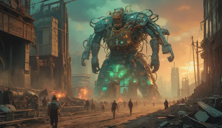 Baroque biopunk cartoon post-apocalyptic style — a gigantic biomechanical robot adorned with golden engravings, blackened silver armor, and ornate organic cables pulsating with green light. The battlefield stretches across a ruined city covered in overgrow...