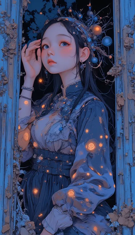 people, , Wearing a dark-colored chipao dress、fit the body, beautiful erotic face. people物とその服装に焦点を当てたシンプルなコンテキストを画像に表示しています {x} wearing a dark-colored chipao dress, and accessories with blue accents. kneeling with legs hidden underneath.detailed hands、A s...