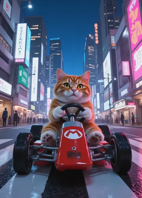 cute cat driving Mario Kart、Shibuya Scramble Crossing、Neon lights of the city、Ad Signage、high image quality、refined、