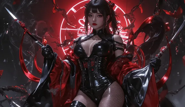 A striking portrait features a solitary kunoichi (female ninja) with a uniquely provocative blend of traditional and modern aesthetics. Her athletic, muscular figure showcases perfect feminine proportions and gleaming skin, while her seductive eyes draw im...