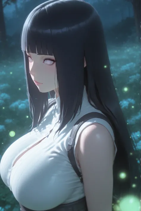 "closeup of a beautiful girl's face with physical characteristics similar to Hinata Hyuga in the Naruto anime series, long black hair, bangs, soft pale lavender eyes without pupils, full pink lips with a sexy body shape, very large breasts with a prominent...