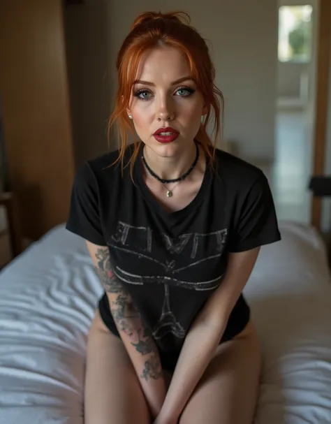 perfect , beautiful,  beautiful eyes , opened glossy lips, sitting on her bed with legs spread, natural light,  ginger hair ,  ponytail,  blue eyes,  Not suitable for work , Perfect, wet, rests her back on the wall, look at the camera, raised t-shirt, sens...