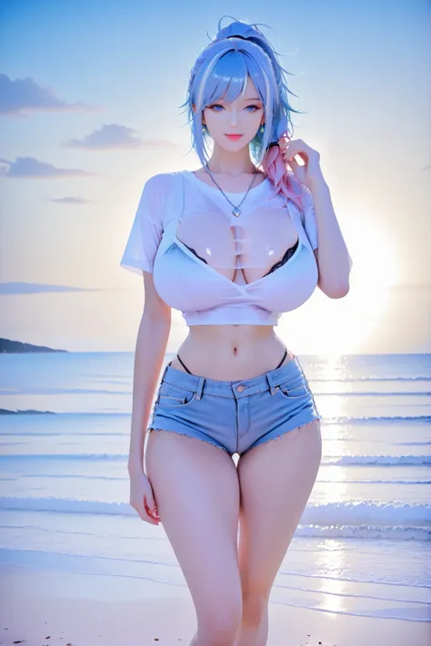 The two-tone haired woman had light blue hair, pink hair tips and blue eyes, and wore a white sexy tight-waist T-shirt.,Short jeans almost see butt cheeks , under the t-shirt see a black lace bra, Diamond Earrings , Diamond Necklace , on the beach, by the...