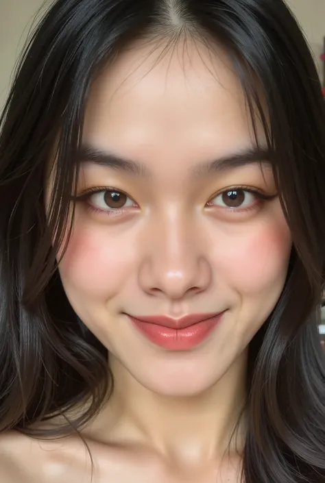 Profile photo S+R closeup beautiful asian woman face with smile confidence , hyper detail texture skin , smiling confidence showing teeth