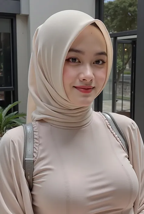 hyper HD, Masterpiece, Textured skin, 4K, Best quality of potrait a Beautiful hijab asian woman white fairy skin wearing dress , close-up half body , perfect hijab, detail veil , no hair visible, hyper realistic scarf and ornate on her side big back head h...
