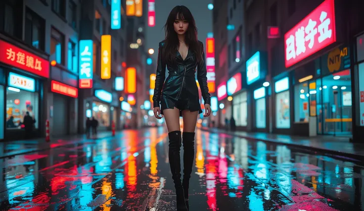 Neon street in a rainy city at night, Sexy prostitute standing on shiny wet asphalt, Tight leather outfit and high heels, Wet skin reflecting neon lights, in the background, a gorgeous night view of the city, Skyscraper lights and neon signs reflecting in ...