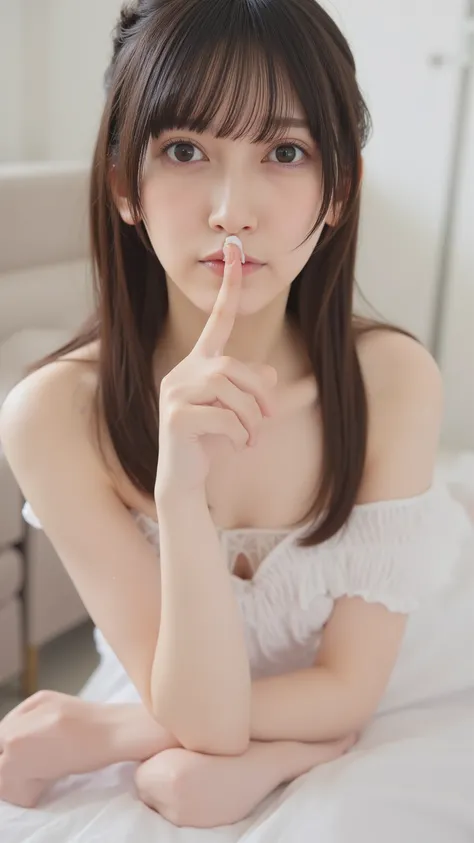high resolution photo,masterpiece after sex,Japanese idol beauty,slim figure,to open her mouth slightly,Place one finger gracefully around my mouth pointing at the white semen in my mouth,Playful action,slim figure,Air Bangs,light brown long straight hair,...