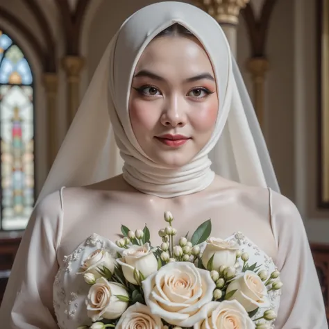 hyper HD, Masterpiece, Textured skin, 4K, Best quality of potrait a Beautiful hijab asian woman white fairy skin wearing dress , close-up half body , perfect hijab, detail veil , no hair visible, hyper realistic scarf and ornate on her side big back head h...