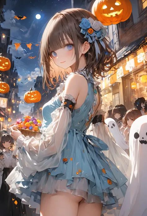 A cheerful Halloween ghost with a horror atmosphere、Halloween Night、Late Night、ghost girl、Halloween Parade、Brilliant Colors,beautiful eyes,A delicate smile,Textured Skin,masterpiece,Kilo,BEST QUALITY THE BEST,gentle and beautiful woman,Noisy Ghosts，Everyon...