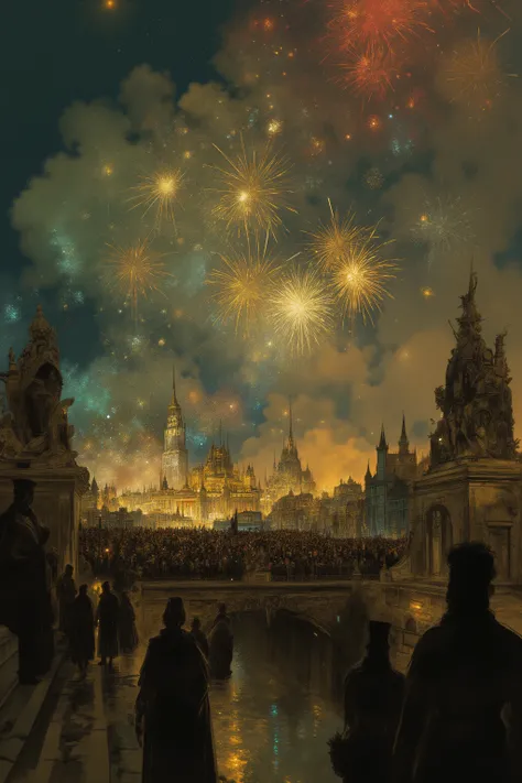 Fireworks light up the night sky above a riverside cityscape、 A painting of a festive night scene, In the foreground, a decorative stone bridge flanked by dark silhouettes of statues is depicted,On the bridge、 People, both adults and children, dressed in ...