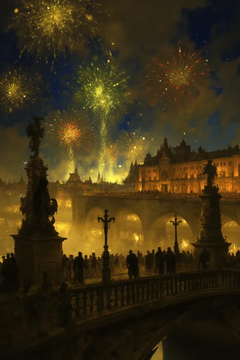 Fireworks light up the night sky above a riverside cityscape、 A painting of a festive night scene, In the foreground, a decorative stone bridge flanked by dark silhouettes of statues is depicted,On the bridge、 People, both adults and children, dressed in ...