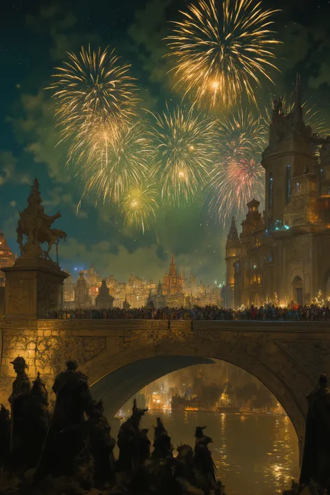 Fireworks light up the night sky above a riverside cityscape、 A painting of a festive night scene, In the foreground, a decorative stone bridge flanked by dark silhouettes of statues is depicted,On the bridge、 People, both adults and children, dressed in ...