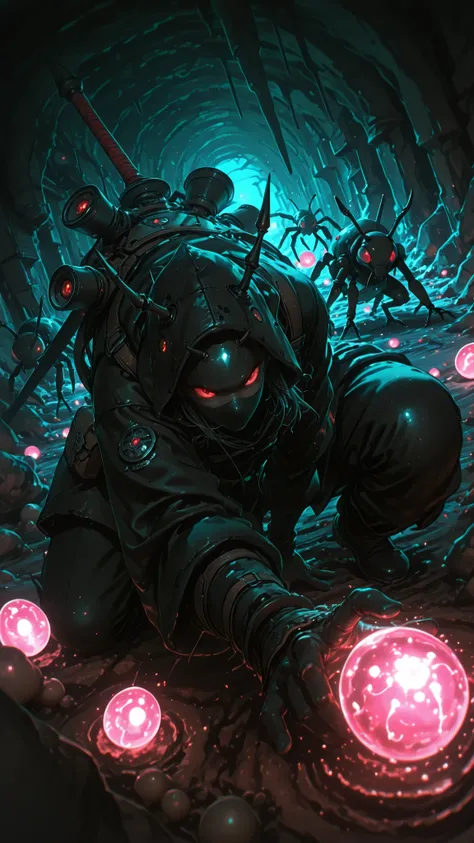 (sketch:1.3), (masterpiece, highest quality), (very detailed, highest quality, official art, beautiful and aesthetic: 1.2) ,(1 ant woman), Ant Country ,Black clothes ,Dynamic Angle , Fantasy, (underground city), glowing eggs, guardian, (dark:1.2), Ready t...