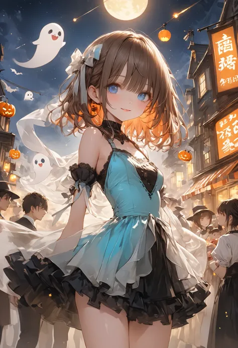 Cheerful Halloween Ghosts with a Horrible Atmosphere、Halloween Night、Late Night、ghost girl、Halloween Parade、Brilliant Colors,beautiful eyes,A delicate smile,Textured Skin,masterpiece,Kilo,BEST QUALITY THE BEST,gentle and beautiful woman,Noisy Ghosts，Everyo...