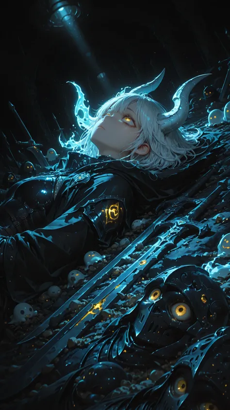 (masterpiece, highest quality), (very detailed, highest quality, official art, beautiful and aesthetic: 1.2) , face focus , looking up , from below ,Cloaked Face, Ghost Knight, Tattered Armor, (black background), underground, (cinematic lighting:1.3) , (Da...