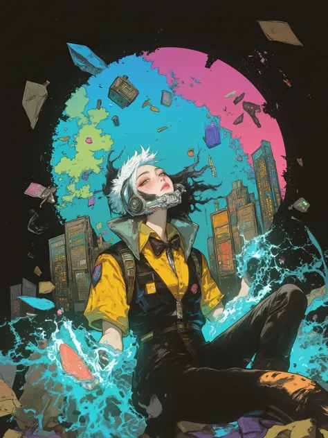 soft on the faceplate Illustration of a dynamic, futuristic male character in a,contrasts with the bold primary colors used throughout,prominent mohawk hairstyle,with a unique yellow and black costume,channeling energy is expressed by bright cyan light ema...