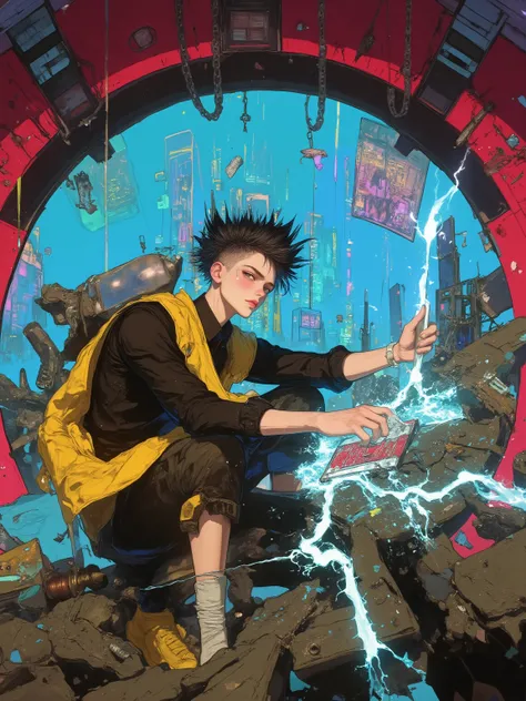 soft on the faceplate Illustration of a dynamic, futuristic male character in a,contrasts with the bold primary colors used throughout,prominent mohawk hairstyle,with a unique yellow and black costume,channeling energy is expressed by bright cyan light ema...