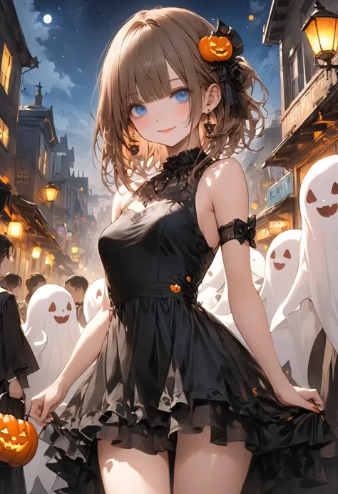Cheerful Halloween Ghosts with a Horrible Atmosphere、Halloween Night、Late Night、ghost girl、black dress、Halloween Parade、Brilliant Colors,beautiful eyes,A delicate smile,Textured Skin,masterpiece,Kilo,BEST QUALITY THE BEST,gentle and beautiful woman,Noisy G...