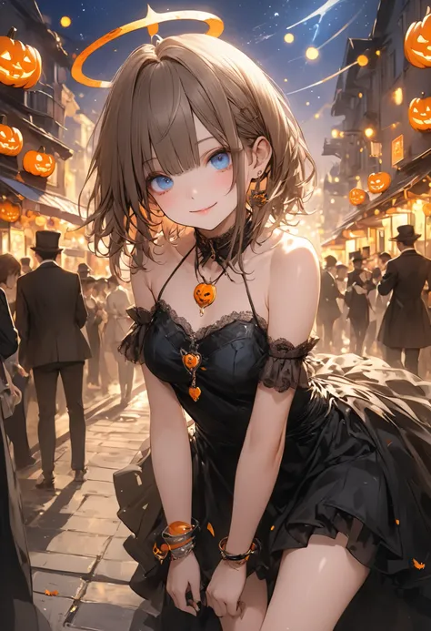 Cheerful Halloween Ghosts with a Horrible Atmosphere、Halloween Night、Late Night、ghost girl、black dress、Halloween Parade、Brilliant Colors,beautiful eyes,A delicate smile,Textured Skin,masterpiece,Kilo,BEST QUALITY THE BEST,gentle and beautiful woman,Noisy G...
