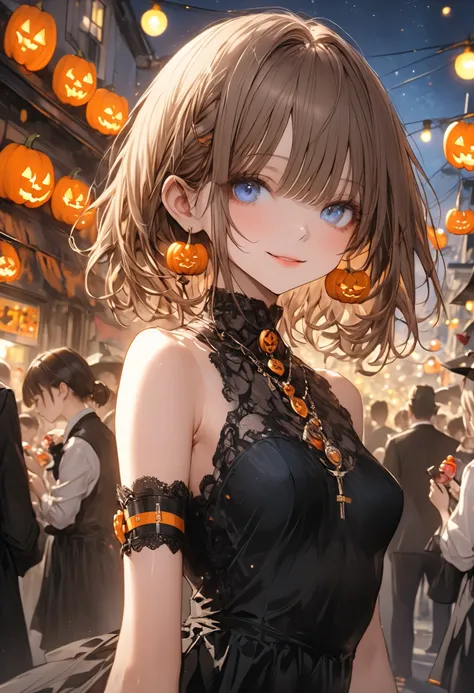 Cheerful Halloween Ghosts with a Horrible Atmosphere、Halloween Night、Late Night、ghost girl、black dress、Halloween Parade、Brilliant Colors,beautiful eyes,A delicate smile,Textured Skin,masterpiece,Kilo,BEST QUALITY THE BEST,gentle and beautiful woman,Noisy G...