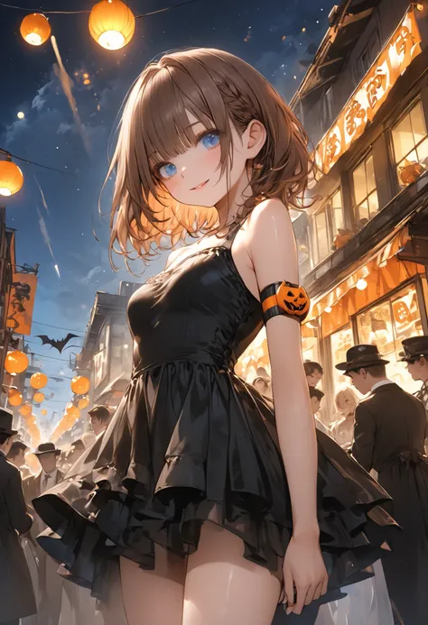 Cheerful Halloween Ghosts with a Horrible Atmosphere、Halloween Night、Late Night、ghost girl、black dress、((from below:1.2)),Halloween Parade、Brilliant Colors,beautiful eyes,A delicate smile,Textured Skin,masterpiece,Kilo,BEST QUALITY THE BEST,gentle and beau...