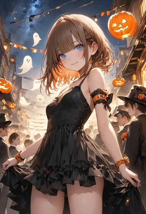 Cheerful Halloween Ghosts with a Horrible Atmosphere、Halloween Night、Late Night、ghost girl、black dress、((from below:1.2)),Halloween Parade、Brilliant Colors,beautiful eyes,A delicate smile,Textured Skin,masterpiece,Kilo,BEST QUALITY THE BEST,gentle and beau...