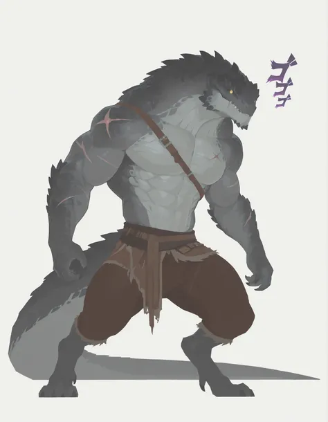 masterpiece, best quality, amazing quality, very aesthetic, absurdres, newest, scenery, extreme detail, 8k, dnd, anthro lizard, detailed eyes, yellow eyes, lizardfolk, male, scalie, hunk, gray body, strong hands, black back, solo, bara, detailed skin, scar...