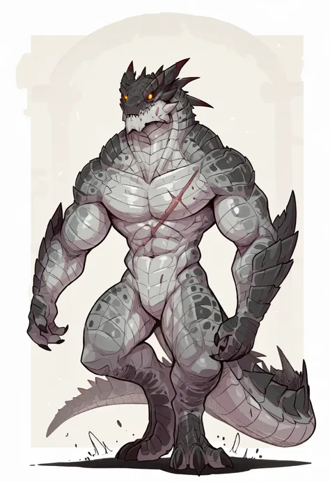 1male, solo, anthro, lizardfolk, anthro dragon lizard, solo, scaly, detailed scales, experienced predator, black scales, matte body, torso is well-defined and muscular, body robust and powerful, massive arms, detailed scales, scars on body and head, thick ...
