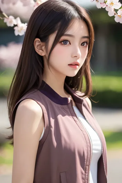 cherry blossom god, blossom, Italian girl anime version ,closeup,(The power to control the wind, purple eyes and light brown medium hair, Italian pastel Sleeveless Clothes and Jackets),spring lights,