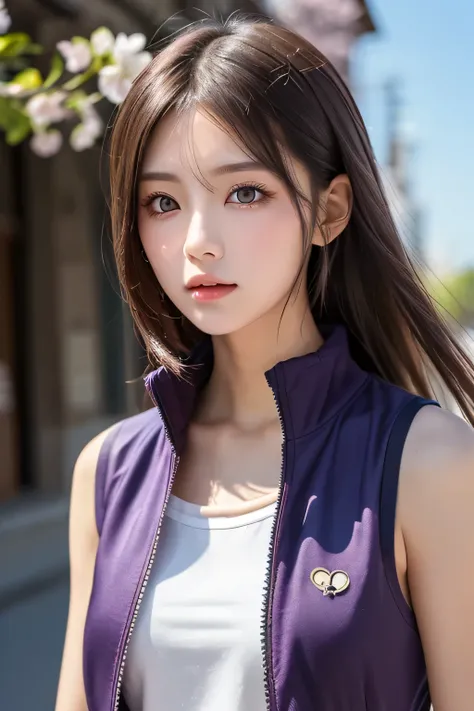 cherry blossom god, blossom, Italian girl anime version ,closeup,(The power to control the wind, purple eyes and light brown medium hair, Italian pastel Sleeveless Clothes and Jackets),spring lights,
