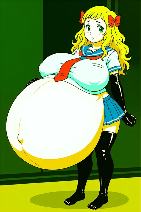 Wavy hair bow, cutie teenager girl, school uniform,huge breasts, hyper pregnancy belly, hyper pregnant belly,long latex sock and gloves 
