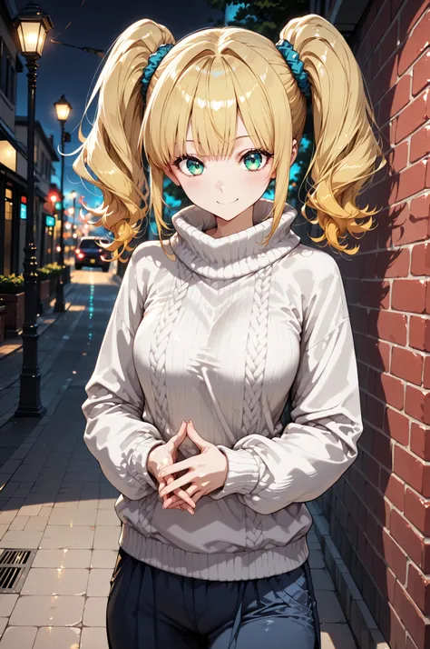 1 Girl, BRICK WALL FACE :1.2, Street lamp, solo, ((year zero)), 4 fingers:1.2, twin tails, Blonde, hands in front of body, knit , Wide Pants, Pay attention to light and shadow in every detail, blurred background, (Highest Quality:1.2, 4K, 8k, very detail...