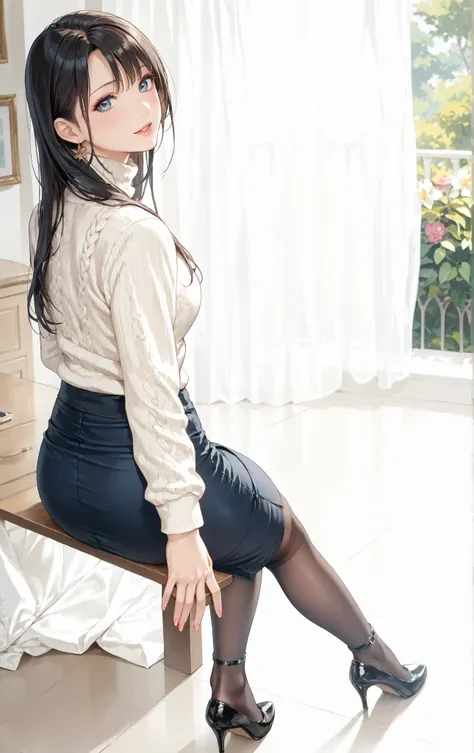 ((inspired by )),,(masterpiece, best quality),beautiful, beautiful-woman, ((detailed face)).(full body:1.3).,
,
,
The woman is wearing sleeveless turtleneck sweater and pencil skirt with pantyhose ,((black knee-length-boots with high-heels :1.5.)),
b...