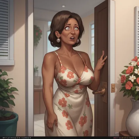 Old Woman, old female, medium breasts, gray brown hair, brown-skinned female, wearing floral summer dress, at her front door, expression of surprise,   