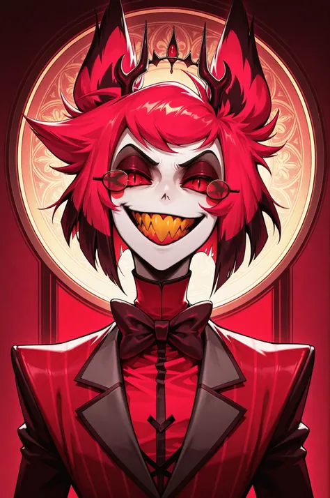 Alastor (radio demon) Hazbin hotel, perfect anatomy, mesmerizing red eyes, antlers, 8k resolution, (Single person), masterpiece, (perfect face:1.2), intricate details, luxury detailed palace background, 32k, cinematic lighting, volumetric lighting, master...