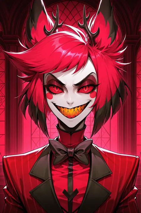 Alastor (radio demon) Hazbin hotel, perfect anatomy, mesmerizing red eyes, antlers, 8k resolution, (Single person), masterpiece, (perfect face:1.2), intricate details, luxury detailed palace background, 32k, cinematic lighting, volumetric lighting, master...