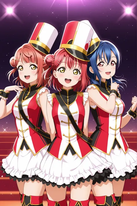 best quality, best detailed, perfect anatomy, anime style, three girls, side by side ,Kurosawa Ruby, Uehara Ayumu , Wakana Shiki, Love Live!, kokorohhw, hhw skirt, hhw shako cap, hhw band uniform, hhw wrist cuffs, hhw thigh boots, posing , happy smile,open...