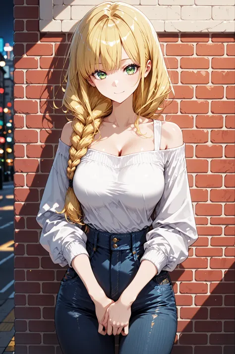 1 Girl, BRICK WALL FACE :1.2, solo, ((year zero)), 4 fingers:1.2, Long Hair , braided hair coming to one side, hands in front of body, Off Shoulder, denim pants, Pay attention to light and shadow in every detail, blurred background, (Highest Quality:1.2,...