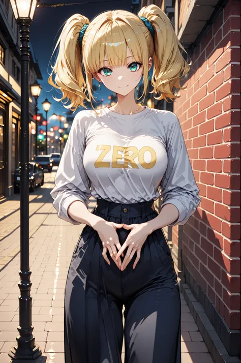 1 Girl, BRICK WALL FACE :1.2, Street lamp, solo, ((year zero)), 4 fingers:1.2, twin tails, Blonde, hands in front of body, Tees, Wide Pants, Pay attention to light and shadow in every detail, blurred background, (Highest Quality:1.2, 4K, 8k, very detailed...