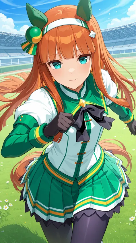 Masterpiece, blooms alone, Source Anime, 1 girl, Silence Suzuka, long hair, Dark Orange Hair , Dark Blue Eyes, Green Horse Ears,  has a tail , headband, medium chest, , put on a white short-sleeved shirt, Black bow tie , Put on a green sleeve, with black g...