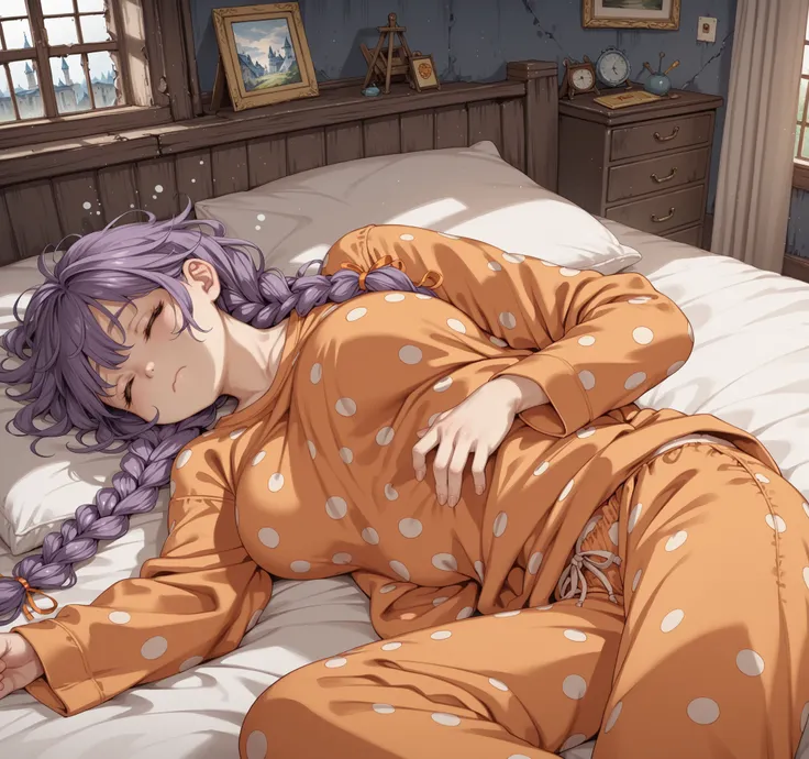 Source_anime, young woman, fishine style, 1girl, solo, sleepy girl BREAK
Large breasts, twin_braids, messy hair, purple hair, closed eyes BREAK
Orange pajamas, orange shirt, orange pants, polka dot pajamas BREAK
Sleeping, closed mouth, side view, lyi...