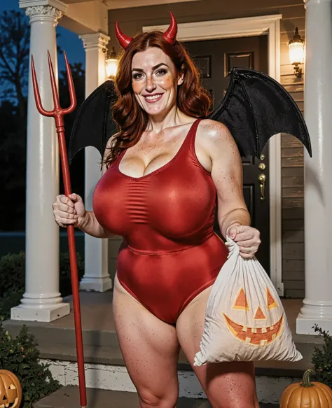 Close up picture of margaret dressed as a devil for a Halloween party. She's standing on a porch on Halloween evening, holding a devil's pitchfork in one hand and a cotton trick or treat bag in the other hand. She's wearing a red leotard and red tights. (d...