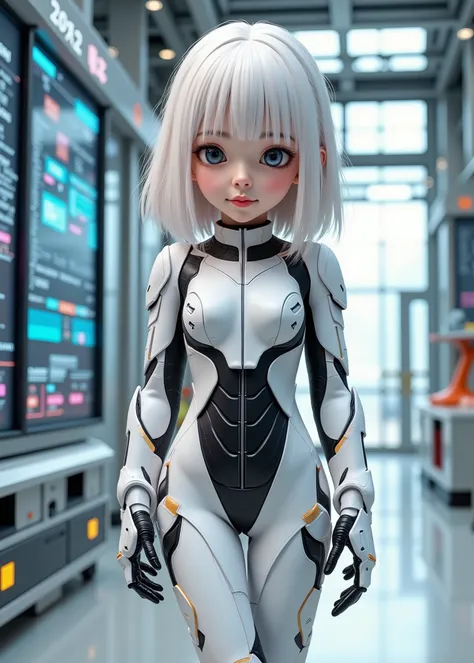 Real cute girl standing, white hair、Face looks like white porcelain、Little Girl、tight white and black Android suit, room with control panels、Big screen showing her、white boots、perfect framing from head to toe、3D render 、Detailed and high-quality
