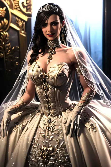 1girl, solo,Hela marvel, crown,earrings ,lipstick, eye shadow, makeup, hair between eyes, ahoge, hair ornament, gloves, dress, cleavage, bare shoulders, collarbone, white oprea gloves, white gloves, white dress, strapless, white choker, tiara, veil, strapl...