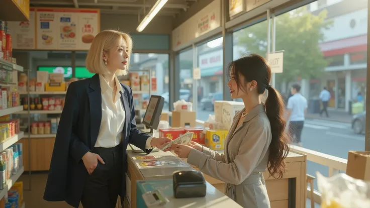 8k hyper-photorealistic cinematic wide shot of a stunning 16-17-year-old Japanese main girl standing confidently behind her friend at a brightly lit convenience store checkout counter during a sunny afternoon, exuding subtle boss-like oversight as she watc...