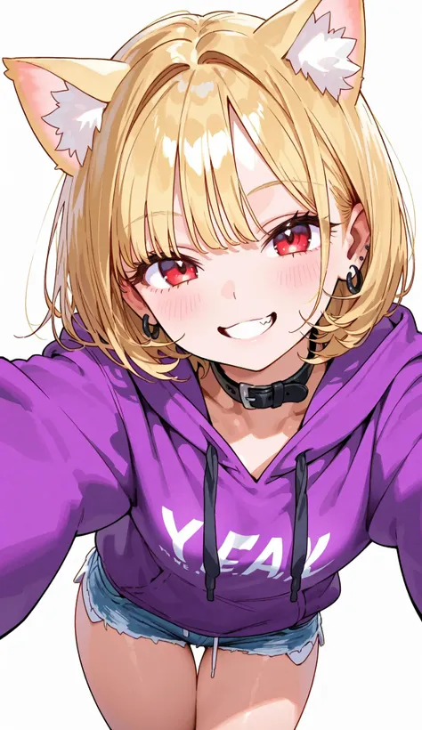 Gal V 、year zero、shiny skin、happy、Blonde、golden hair、short hair、small cat ears the same color as the hair、small golden cat ears、Red Eyes、black collar、Purple Hoodie、hotpants、white background