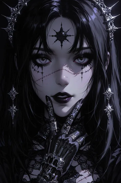 Female figure, (ethnicity:1.2), (age:20), (detailed clothing:1.2), (accessories:1.1), (facial features:1.3), (expression:1.2), (detailed makeup:1.3), dark gothic style, close-up portrait, (body type:1.1), (pose:1.2), posed in the center of the image, fa...