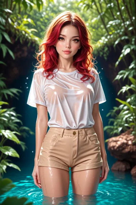 ultra realistic, photography, long red hair, girl, 24 years old, hazel eyes, hourglass figure, perfect body, Flirty look, beautiful detailed woman, intricate and detailed face, long lush hair, soft lighting, photorealistic, high quality, cinematic, dramati...