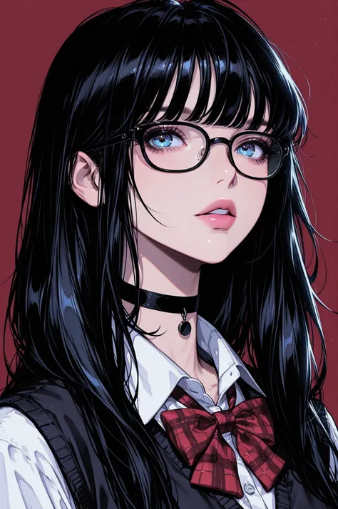1girl, solo, glasses, bow, long hair, shirt, parted lips, blue eyes, white shirt, black hair, bangs, black-framed eyewear, bowtie, plaid bow, choker, looking at viewer, collar, collared shirt, red bow, upper body, vest, plaid, lips, black choker, portrait