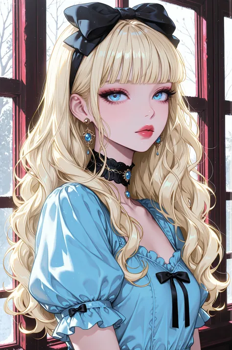 best quality, amazing quality, very aesthetic, absurdres,1girl, solo, long hair, blue eyes, looking at viewer, bangs, short sleeves, puffy sleeves, blonde hair, bow, blunt bangs, puffy short sleeves, hair bow, upper body, dress, eyelashes, jewelry, earring...